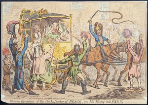 A Béke Nagykövetének dicsőséges fogadtatása Párizsba való belépéskor, Hannah Humphrey 1796-ban (kézzel színezett rézkarc)